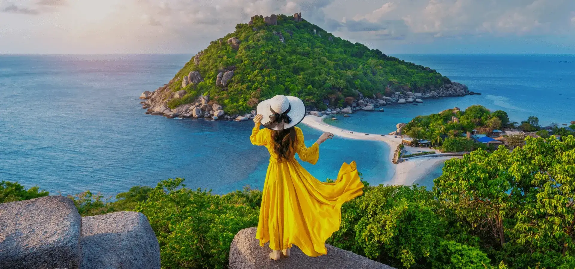 Tropical island with a person in a yellow dress